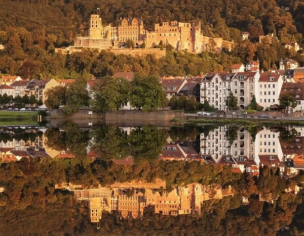 View over the Neckar River to the castle at sunset, Heidelberg, Baden-Wurttemberg