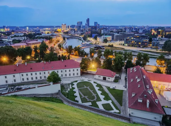 Framed Print : View over Neris River towards Snipiskes, New City Centre, dusk, Vilnius, Lithuania, Europe