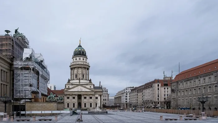 Framed Print : View from the Neue Kirche of the Konzerthaus Berlin square during renovation works, Berlin, Germany Framed Print : View from the Neue Kirche of the Konzerthaus Berlin square during renovation works, Berlin, Germany