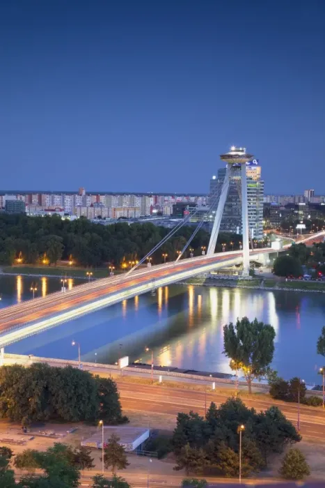 Framed Print : View of New Bridge over the River Danube at dusk, Bratislava, Slovakia, Europe