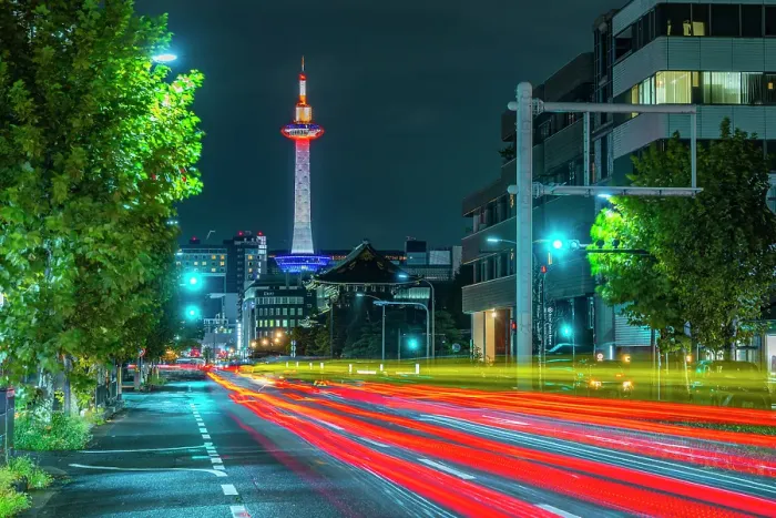 Framed Print : View of Nidec Kyoto Tower and trail lights at night, Shimogyo Ward, Higashishiokojicho, Kyoto, Honshu, Japan Framed Print : View of Nidec Kyoto Tower and trail lights at night, Shimogyo Ward, Higashishiokojicho, Kyoto, Honshu, Japan
