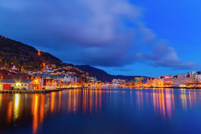 Framed Print : View at night of the harbor in the city of Bergen, Vestland, Norway Framed Print : View at night of the harbor in the city of Bergen, Vestland, Norway