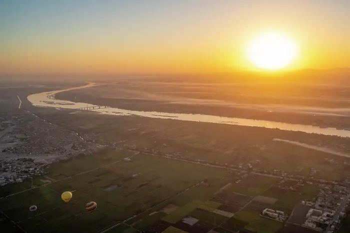 Framed Print : View of Nile river from hot air balloon over Luxor at sunrise, Luxor, Egypt, Africa Framed Print : View of Nile river from hot air balloon over Luxor at sunrise, Luxor, Egypt, Africa