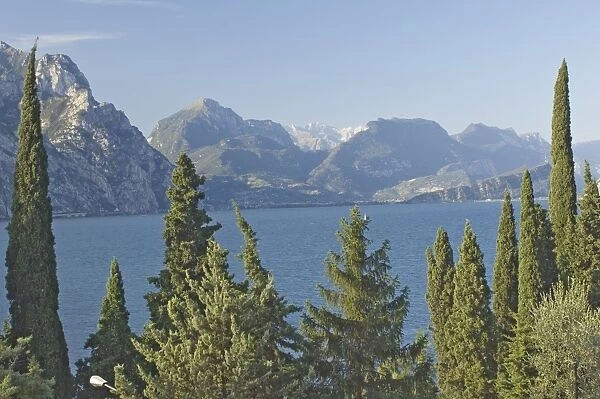 A view north over Lake Garda to the Dolomites beyond