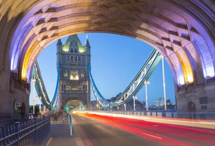 Framed Print : View of North Tower of Tower Bridge and car trail lights at dusk, London, England Framed Print : View of North Tower of Tower Bridge and car trail lights at dusk, London, England