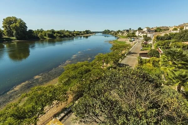 View northwest along the River Lot bank at this large town with a historic bastide centre