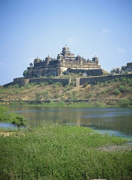 View of Nrising Dev Palace across Karna Sagar Lake, Datia, Madhya Pradesh state