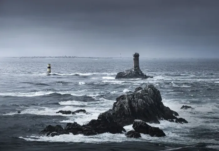 Framed Print : View of the ocean at Pointe du Raz with two lighthouses Framed Print : View of the ocean at Pointe du Raz with two lighthouses