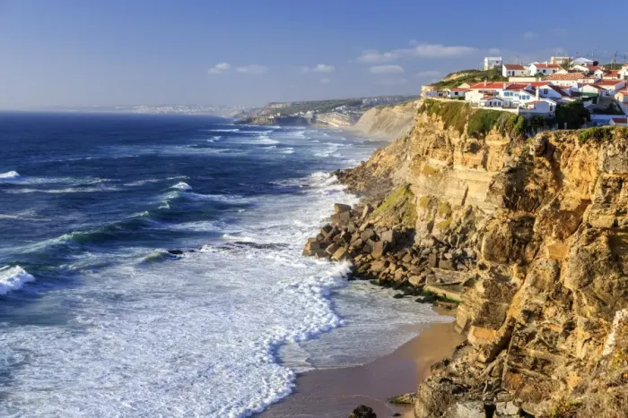 Framed Print : Top view of ocean waves crashing on the high cliffs of Azenhas do Mar, Sintra, Portugal Framed Print : Top view of ocean waves crashing on the high cliffs of Azenhas do Mar, Sintra, Portugal