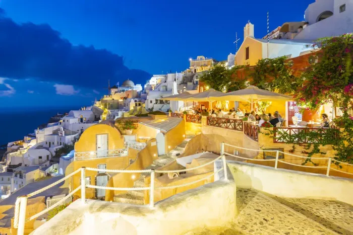 Framed Print : View of Oia village at dusk, Santorini, Aegean Island, Cyclades Island, Greek Islands Framed Print : View of Oia village at dusk, Santorini, Aegean Island, Cyclades Island, Greek Islands