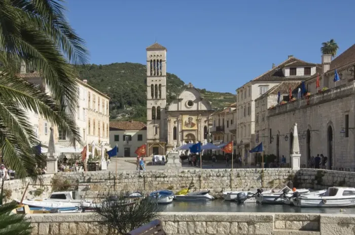 Framed Print : View from the old harbour across the main square to St. Stephens Cathedral, in the medieval city of Hvar, island of Hvar, Dalmatia, Croatia, Europe Framed Print : View from the old harbour across the main square to St. Stephens Cathedral, in the medieval city of Hvar, island of Hvar, Dalmatia, Croatia, Europe