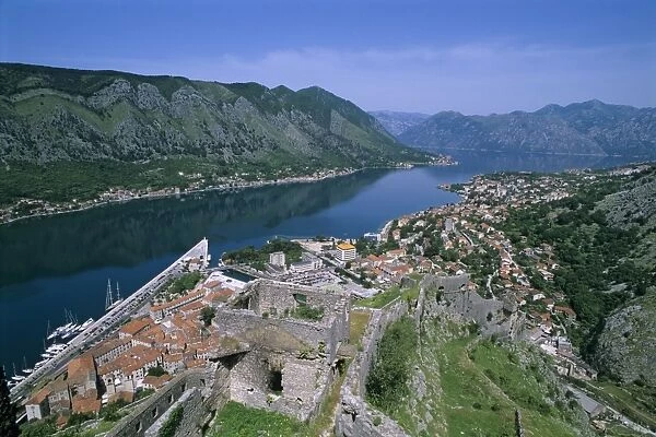View over old town and bay from fortress of St. Ivan, Kotor, UNESCO World Heritage Site, The Boka Kotorska (Bay of Kotor), Montenegro, Europe