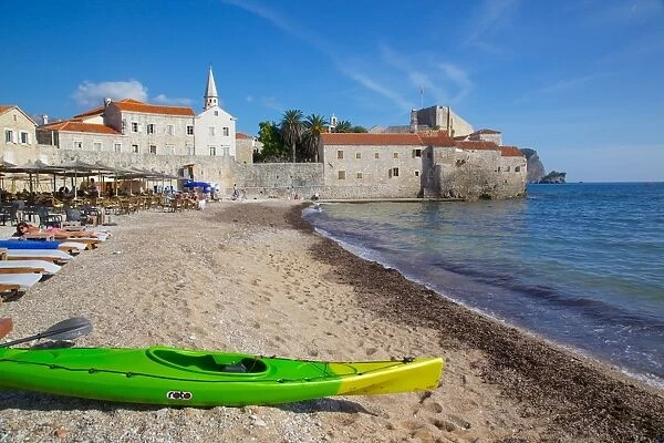 View of Old Town and beach, Budva, Montenegro, Europe