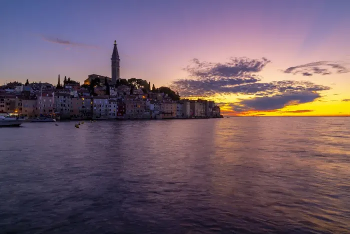 Framed Print : View of Old Town and Cathedral of St. Euphemia after sunset, Rovinj, Istria, Croatia Framed Print : View of Old Town and Cathedral of St. Euphemia after sunset, Rovinj, Istria, Croatia
