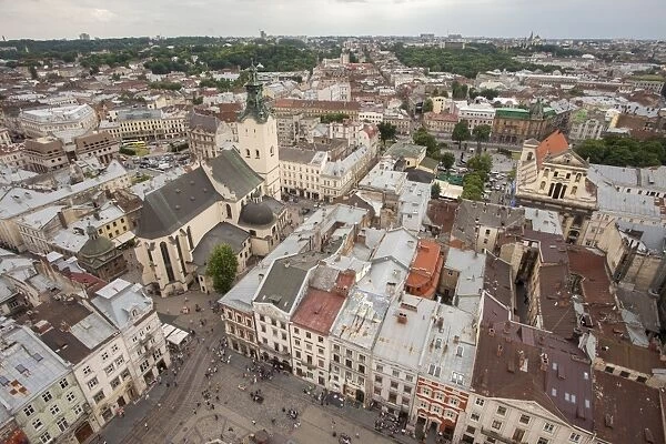 View of old town from top of City Hall Tower, UNESCO World Heritage Site, Lviv, Ukraine