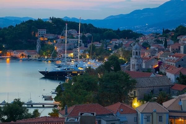 View over Old Town at dusk, Cavtat, Dubrovnik Riviera, Dalmatian Coast, Dalmatia, Croatia, Europe