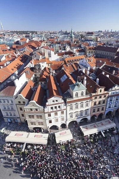 View from the Old Town Hall over the Old Town Square (Staromestske namesti) and the Old Town (Stare Mesto), Prague, Bohemia, Czech Republic, Europe