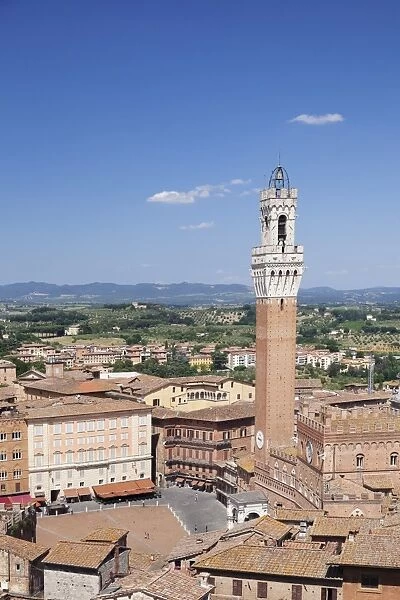 View over the old town including Piazza del Campo with Palazzo Pubblico town hall