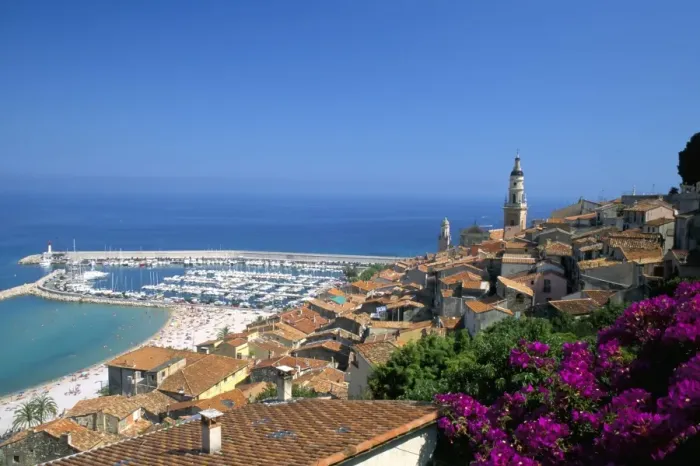 Framed Print : View across old town rooftops to harbour, Menton, Alpes-Maritimes, Cote d Azur Framed Print : View across old town rooftops to harbour, Menton, Alpes-Maritimes, Cote d Azur