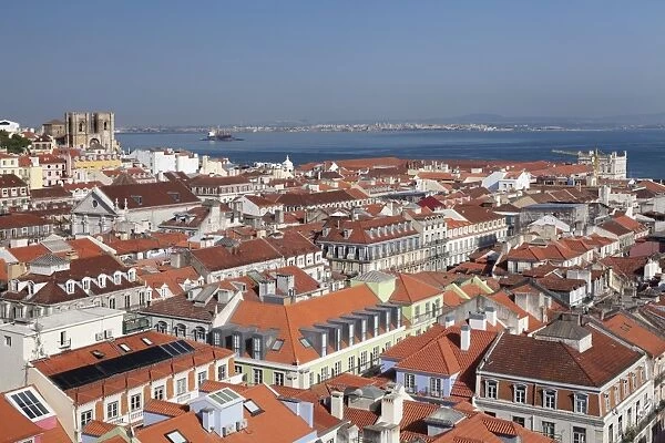 View over the old town to Se Cathedral and Tejo River, Lisbon, Portugal, Europe