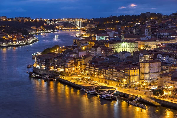 View over the old town from Serra do Pilar Monastery at dusk, Porto, Portugal, Europe