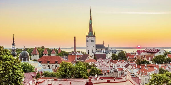 View over the Old Town towards St. Olafs Church at sunrise, UNESCO World Heritage Site, Tallinn, Estonia, Europe