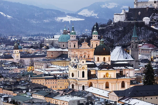 View over the old town, UNESCO World Heritage Site, and Salzburg Cathedral at dusk