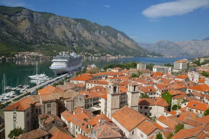Framed Print : View over Old Town, UNESCO World Heritage Site, with cruise ship in port, Kotor, Montenegro, Europe
