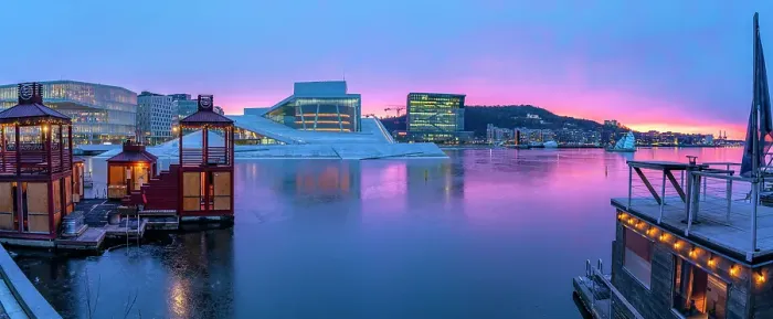 Framed Print : View of Opera House and harbourside saunas during winter at sunrise, Oslo, Norway, Scandinavia Framed Print : View of Opera House and harbourside saunas during winter at sunrise, Oslo, Norway, Scandinavia