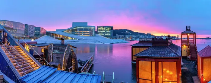 Framed Print : View of Opera House and harbourside saunas during winter at sunrise, Oslo, Norway, Scandinavia Framed Print : View of Opera House and harbourside saunas during winter at sunrise, Oslo, Norway, Scandinavia