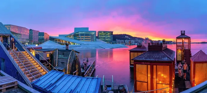 Framed Print : View of Opera House and harbourside saunas during winter at sunrise, Oslo, Norway, Scandinavia Framed Print : View of Opera House and harbourside saunas during winter at sunrise, Oslo, Norway, Scandinavia
