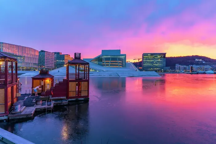 Framed Print : View of Opera House and harbourside saunas during winter at sunrise, Oslo, Norway, Scandinavia Framed Print : View of Opera House and harbourside saunas during winter at sunrise, Oslo, Norway, Scandinavia