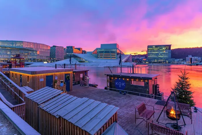 Framed Print : View of Opera House and harbourside saunas during winter at sunrise, Oslo, Norway, Scandinavia Framed Print : View of Opera House and harbourside saunas during winter at sunrise, Oslo, Norway, Scandinavia