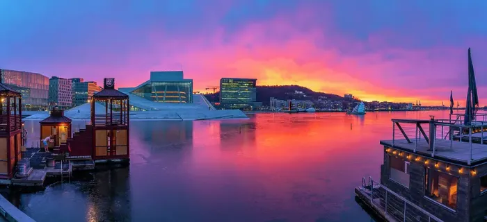 Framed Print : View of Opera House and harbourside saunas during winter at sunrise, Oslo, Norway, Scandinavia Framed Print : View of Opera House and harbourside saunas during winter at sunrise, Oslo, Norway, Scandinavia