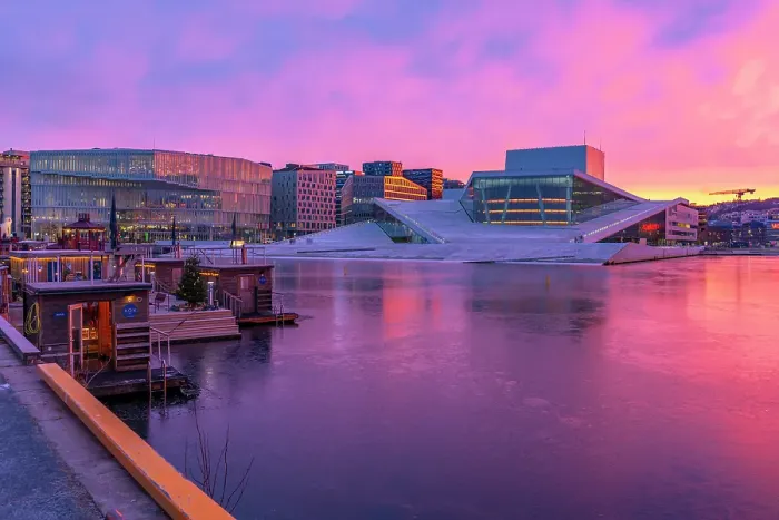 Framed Print : View of Opera House and harbourside saunas during winter at sunrise, Oslo, Norway, Scandinavia Framed Print : View of Opera House and harbourside saunas during winter at sunrise, Oslo, Norway, Scandinavia