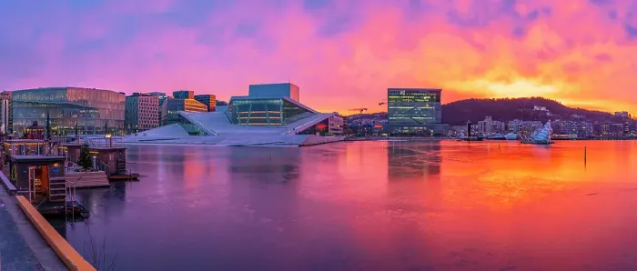 Framed Print : View of Opera House and harbourside saunas during winter at sunrise, Oslo, Norway, Scandinavia Framed Print : View of Opera House and harbourside saunas during winter at sunrise, Oslo, Norway, Scandinavia