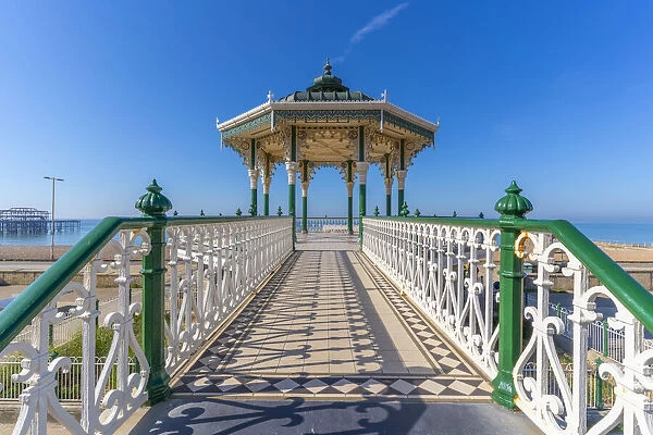 View of ornate bandstand on sea front, Brighton, East Sussex, England, United Kingdom