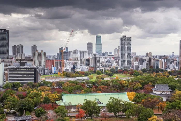 Framed Print : View from Osaka Castle over Nishinomaru Garden and skyline in the background, Osaka, Honshu, Japan, Asia Framed Print : View from Osaka Castle over Nishinomaru Garden and skyline in the background, Osaka, Honshu, Japan, Asia