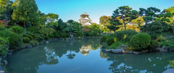 Framed Print : View of Osaka Castle (Osaka-jo) reflecting in Japanese garden pond at sunset, Chuo Ward, Osaka, Honshu, Japan Framed Print : View of Osaka Castle (Osaka-jo) reflecting in Japanese garden pond at sunset, Chuo Ward, Osaka, Honshu, Japan