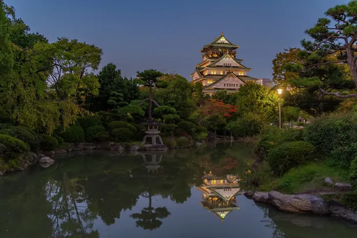 Framed Print : View of Osaka Castle reflected in Japanese garden pond at dusk, Osakajo, Chuo Ward, Osaka, Honshu, Japan Framed Print : View of Osaka Castle reflected in Japanese garden pond at dusk, Osakajo, Chuo Ward, Osaka, Honshu, Japan