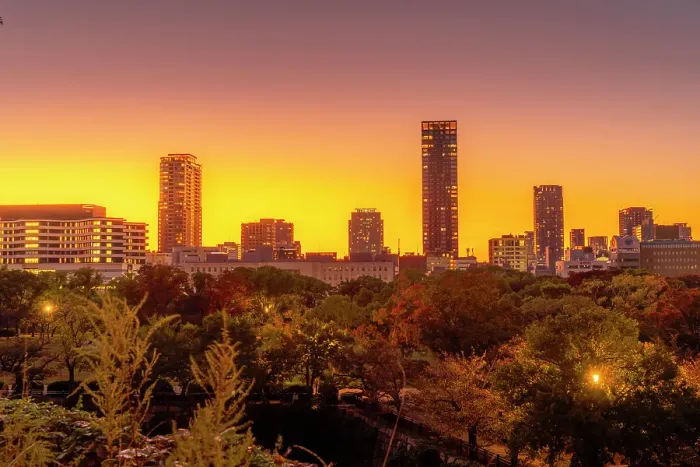 Framed Print : View of Osaka skyline from Osaka Castle at sunset, Chuo Ward, Osaka, Honshu, Japan Framed Print : View of Osaka skyline from Osaka Castle at sunset, Chuo Ward, Osaka, Honshu, Japan