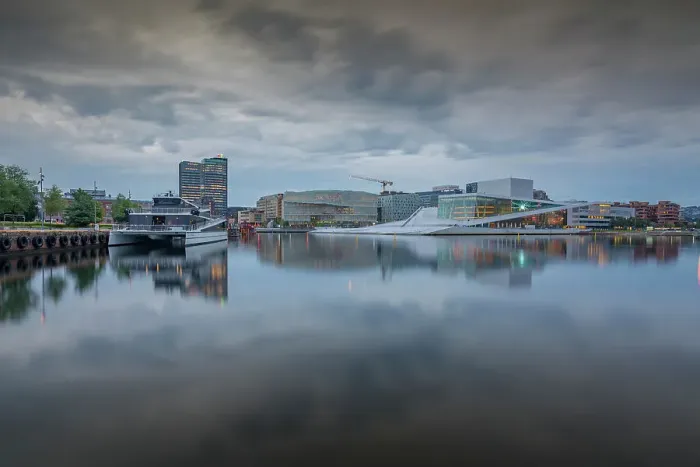Framed Print : View of Oslo Opera House and Munch Museum reflecting in harbour on cloudy day, Oslo, Norway, Scandinavia, Europe Framed Print : View of Oslo Opera House and Munch Museum reflecting in harbour on cloudy day, Oslo, Norway, Scandinavia, Europe