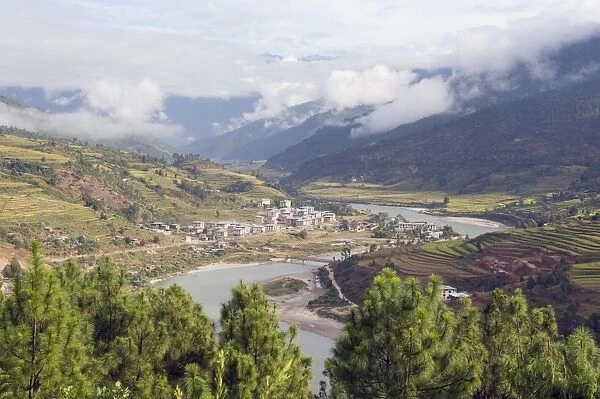 View overlooking valley, Punakha, Bhutan, Asia