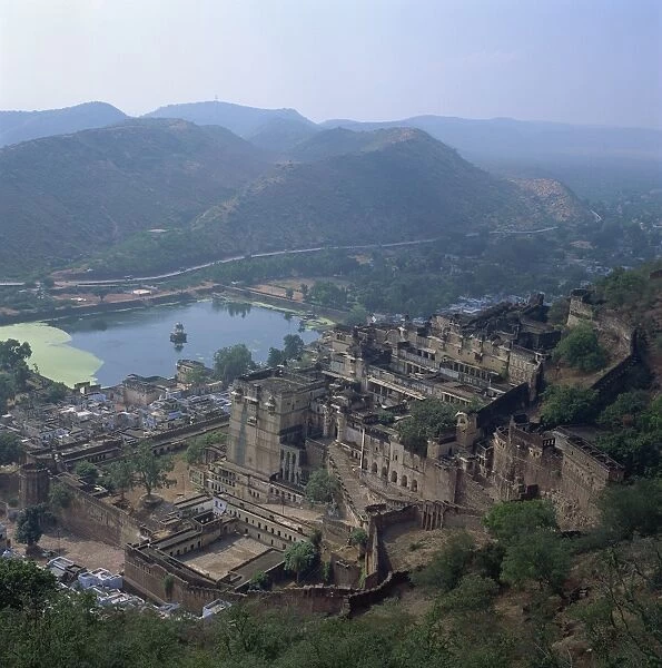 View of palace from fort, Bundi, Rajasthan state, India, Asia