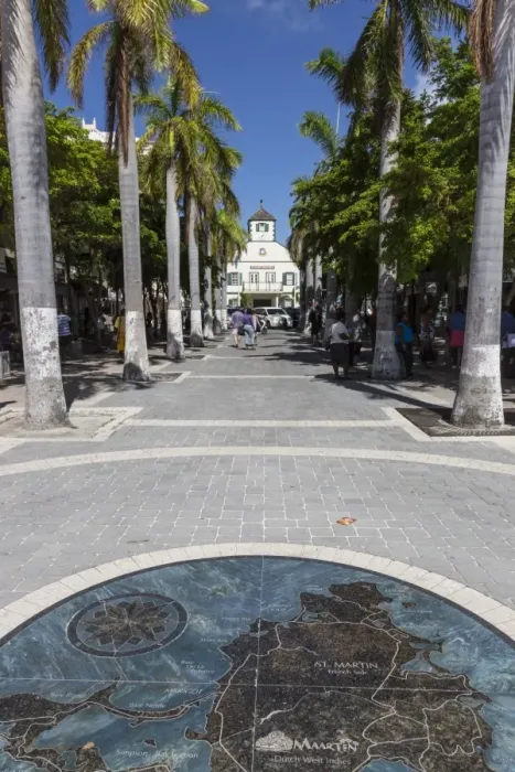 Framed Print : View along palm lined avenue to courthouse with pavement map of the island, Philipsburg, St. Maarten (St. Martin), West Indies, Caribbean, Central America Framed Print : View along palm lined avenue to courthouse with pavement map of the island, Philipsburg, St. Maarten (St. Martin), West Indies, Caribbean, Central America
