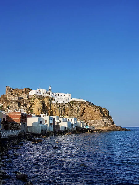 View towards the Panagia Spiliani, Blessed Virgin Mary of the Cave Monastery, Mandraki, Nisyros Island, Dodecanese, Greek Islands, Greece, Europe