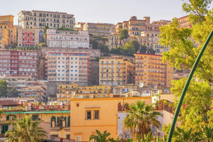 Framed Print : View of pastel coloured villas near Sant'Elmo Castle from Rotonda Diaz, Naples, Campania, Italy, Europe