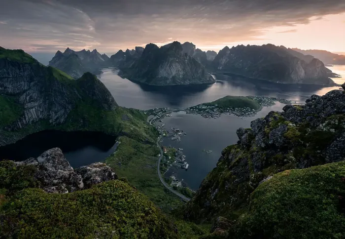 Framed Print : View from peak of Reinebringen above the Reine village of summer sunrise over Arctic Circle, in south part of Lofoten Islands, Norway, Europe Framed Print : View from peak of Reinebringen above the Reine village of summer sunrise over Arctic Circle, in south part of Lofoten Islands, Norway, Europe