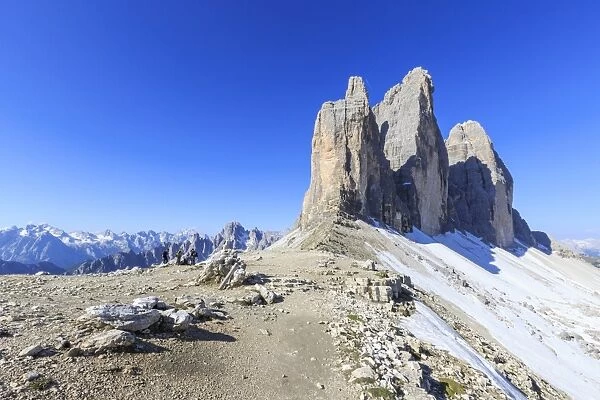 View of the Three Peaks of Lavaredo on a summer day, Sesto, Dolomites, Trentino-Alto Adige
