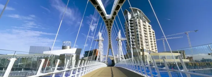 Framed Print : View along pedestrian suspension bridge at Salford Quays, Salford, Manchester Framed Print : View along pedestrian suspension bridge at Salford Quays, Salford, Manchester